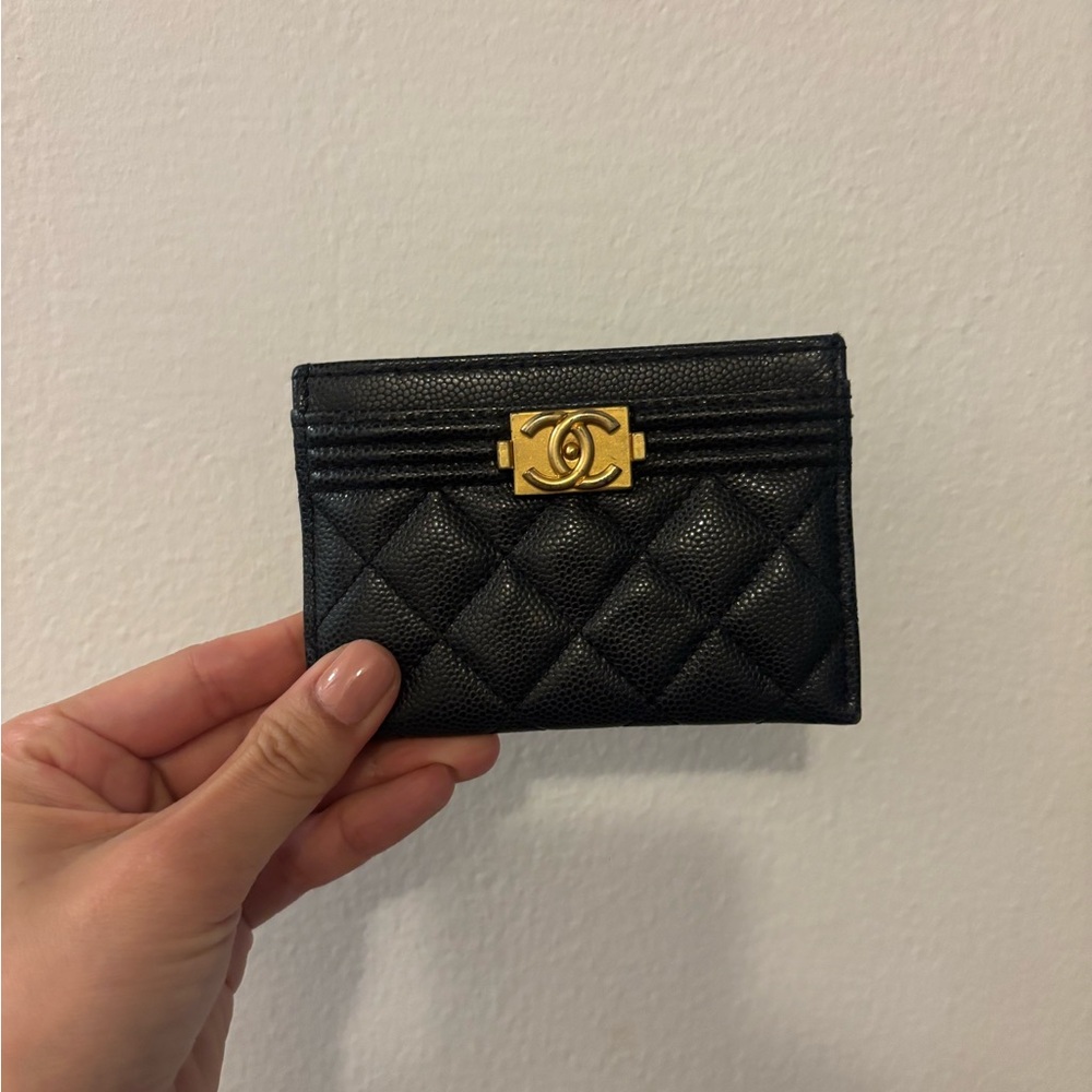 CHANEL Black Quilted Card Holder with Gold Accent